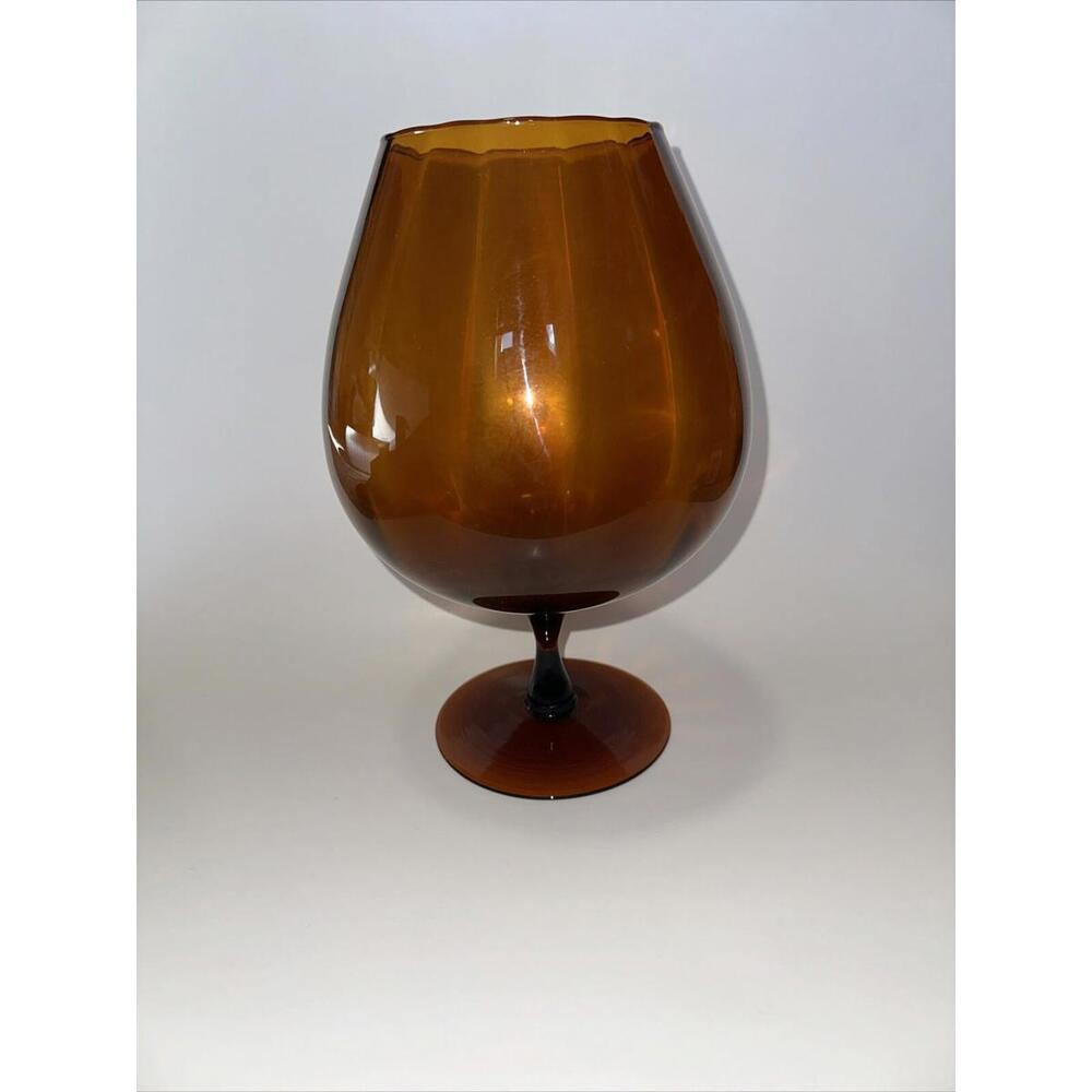 MCM Large Amber Glass Empoli  Brandy Snifter 11” Ribbed Pedestal Vase Oversized